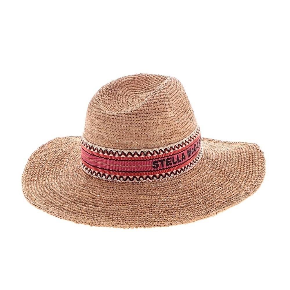 STELLA MCCARTNEY LOGO RAFFIA PANAMA TAN STRAW HAT RED STITCHED BAND SIZE: 56 - Picture 6 of 8